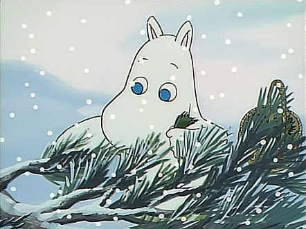 Cute white Moomin picking a pine cone from a snowy branch